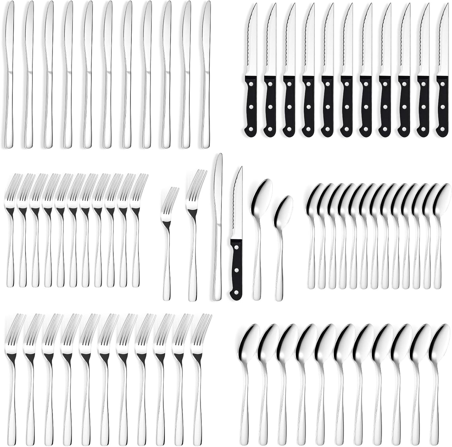 BEWOS 72-Pieces Silverware Set for 12 - Stainless Steel Flatware Set with Mirror Polish, Cutlery Set Including Steak Knives, Forks and Spoons, Dishwasher Safe for Restaurant (Silver)