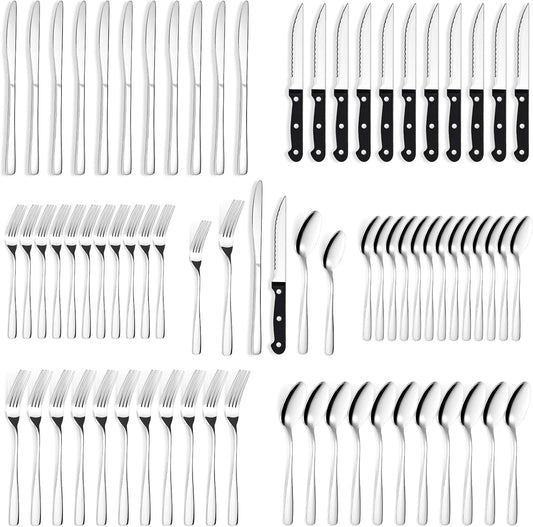BEWOS 72-Pieces Silverware Set for 12 - Stainless Steel Flatware Set with Mirror Polish, Cutlery Set Including Steak Knives, Forks and Spoons, Dishwasher Safe for Restaurant (Silver)