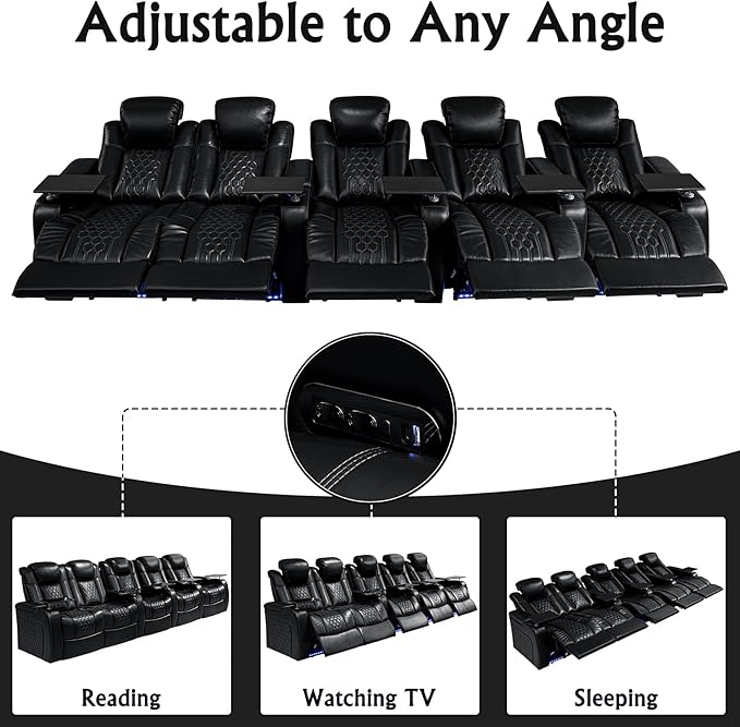 Home Theater Seating, Living Room, Heat & Massage, Powered Headrest, Powered Lumbar, Italian Leather, Powered Recline, Single Recliner (Black, Row of 5 Loveseat Left)