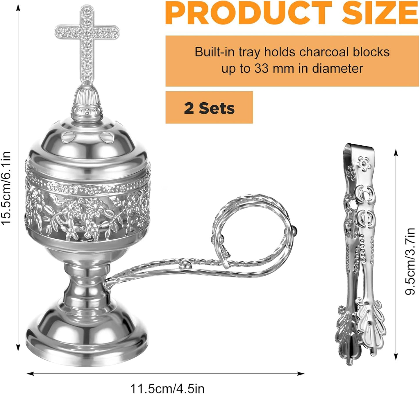 Zonon 2 Sets Incense Burner with Tong, Frankincense Charcoal Incense Stand Holder, Ideal for Yoga, Spa, Aromatherapy, Home and Christian Church Censer (Sliver)