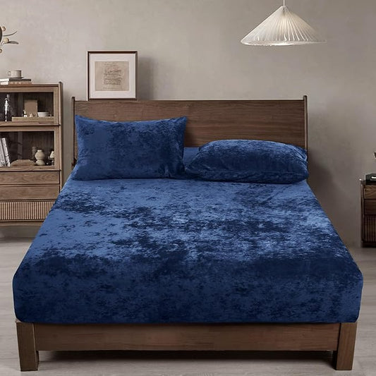 PHF Truly Velvet Fitted Sheet Only Queen Size, Luxury Super Soft Cozy Fuzzy Fleece Bottom Sheet, Deep Pocket Up to 16",Strenghth Elastic Band,Suitable for Fall Winter Spring, No Pillowcases, Navy Blue
