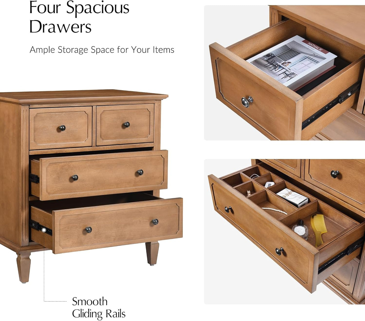 HULALA HOME Mid-Century Modern Nightstand with Charging Station and Divider Tray, 4-Drawer Bedside Table with Solid Wood Legs (Acorn,Set of 2)