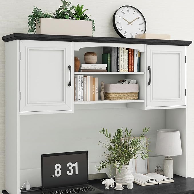 Farmhouse 47" Executive Desk with Hutch, 2 Drawers and LED Light, Computer Desk with Storage Cabinet and Charging Station,Workstation for Home Office and Study.