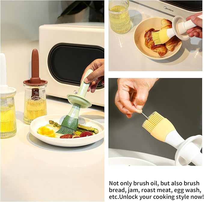 Oil Dispenser with Brush - Glass Olive Oil Dispenser for Kitchen, 3 IN 1 Oil Dispenser Bottle with Silicone Basting Brush for Cooking Vinegar Sauce BBQ Grill Frying (Brown/White)