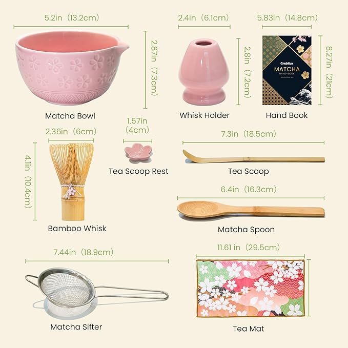 Matcha Whisk Set, Pink Matcha Set (9 Pcs) Includes Matcha Bowl, Whisk & Holder, Scoop, Sifter, Spoon, Scoop Rest, Tea Mat, Hand Book - Ideal Ceramic Matcha Kit for Matcha Lovers