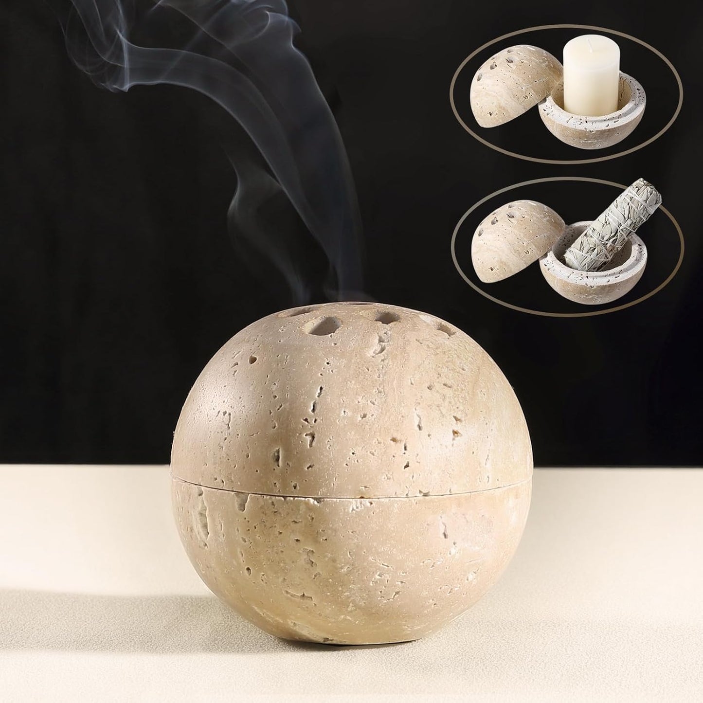 Koville Natural Travertine Stone Incense Burner, Incense Holder for Cone/Balsam Fir/Palo Santo/Sage, Handmade Sphere Incense Burner for Meditation Yoga SPA Relaxation, Home Decor,Beige Travertine