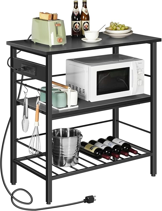 HOOBRO Kitchen Island with Storage, Kitchen Island Table with Power Outlet, 35.4" L 3 Tier Coffee Station and Microwave Stand, for Home, Kitchen and Dining Room, Black BB021ZD01