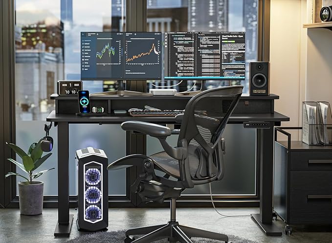 FEZIBO 40 x 24 Inch Height Adjustable Electric Standing Desk with Double Drawer, Computer Desk, Home Office Stand Up Table with 4 Height-Adjustable Feets & 2 Hooks, Black