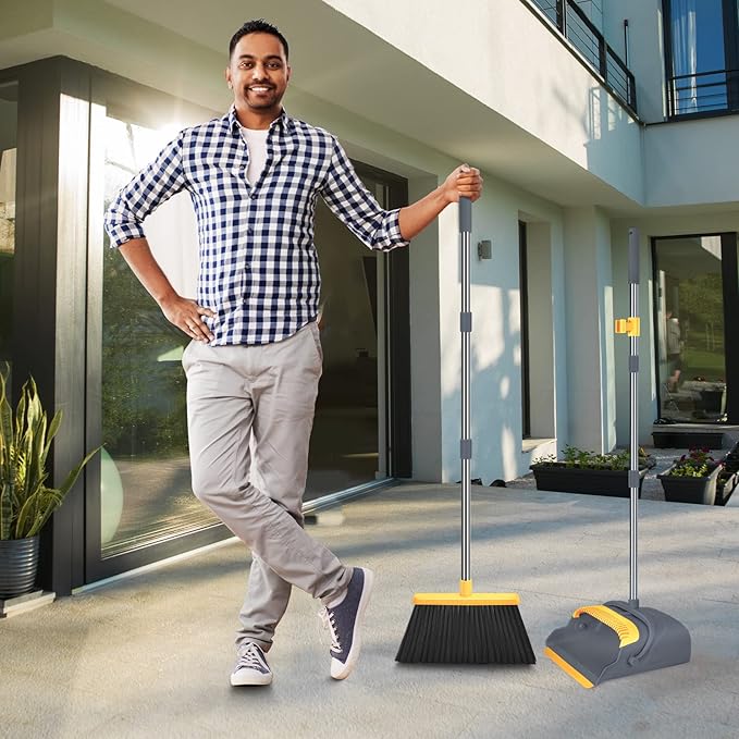 kelamayi Upgrade Broom and Dustpan Set, Broom with Dustpan Combo Set, Self-Cleaning with Dustpan Teeth, Indoor&Outdoor Sweeping, Stand Up Broom and Dustpan (Gray&Yellow)
