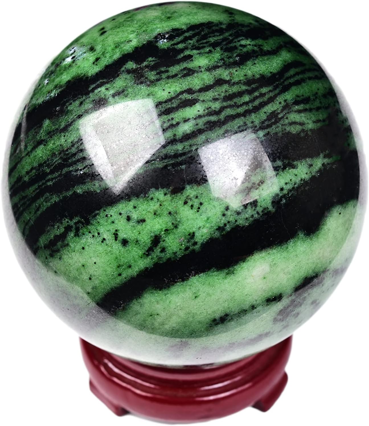 JIC Gem Natural Quartz Crystal Ball Ruby Zoisite Gemstone Sphere with Decoative Stand Red&Green Treasure Healing Crystal Ball for Meditation Grid Decor (80-90mm)