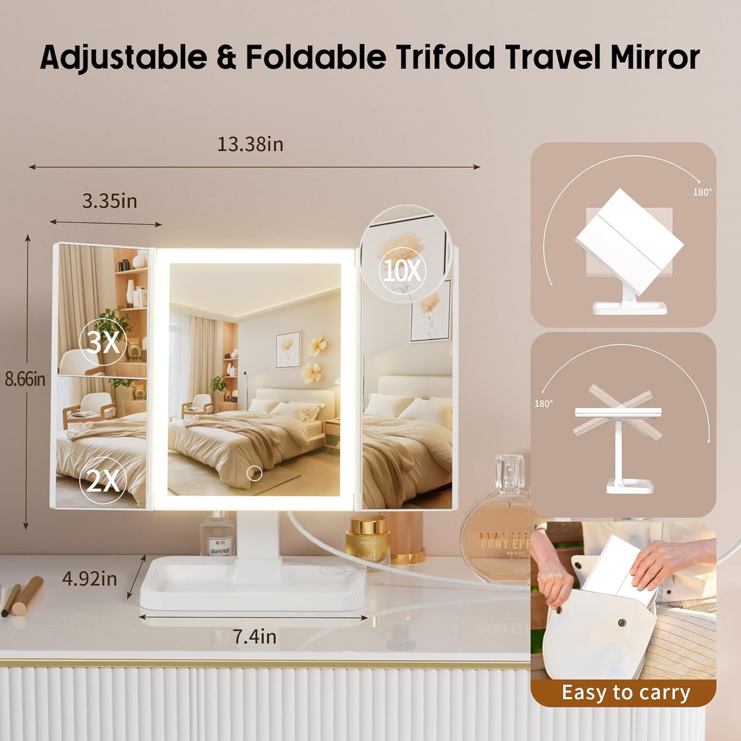 Makeup Vanity Mirror with Lights, Rechargeable Lighted Makeup Mirror with 2X 3X 10X Magnification, Led Makeup Mirror with 3 Colors Lights, Portable Mirror for Travel Desk, Gifts for Women Girls