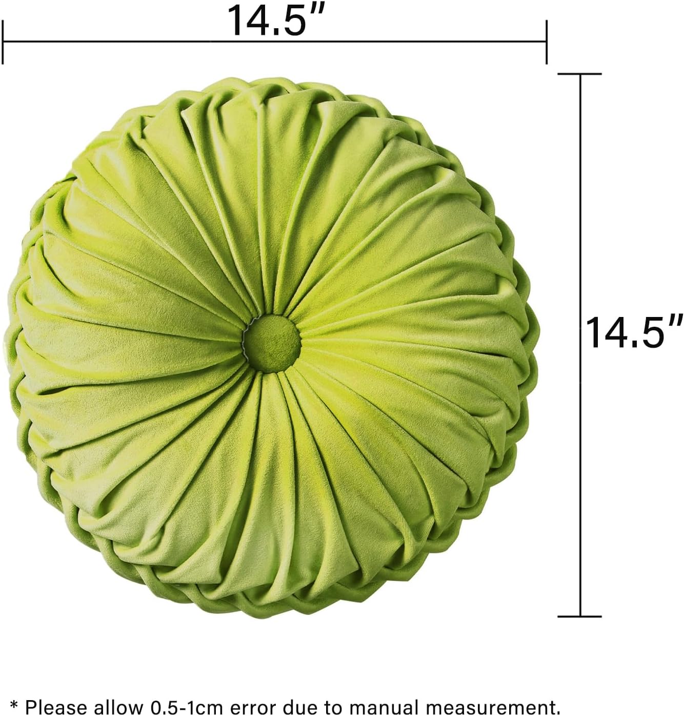 HIG Set of 2 Decorative Round Pleated Throw Pillows,Classy Accent Pumpkin Throw Pillows with Center Button,Vintage Velvet Floor Pillows for Sofa Vanity Chair Bed,Apple Green,14.5" Diameter(Ripple)