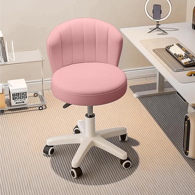 Small Desk Chair Round Rolling Chair with Back PU Leather Height Adjustable Swivel Vanity Work Computer Stool Chair for Home Office Bedroom