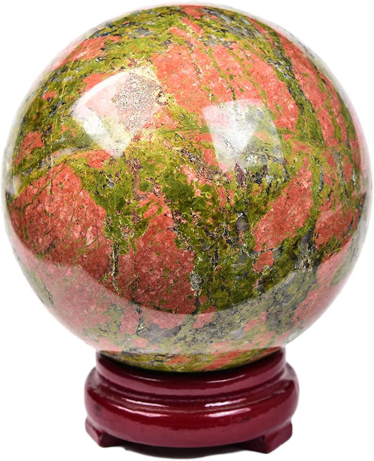 JIC Gem Large Real Crystal Ball with Decoation Stand Unakite Gemstone Sphere Ball for Meditation Energy Reiki Decoation Ball (90-100mm)