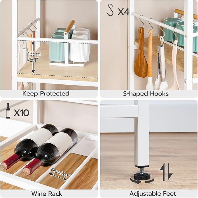 HOOBRO Kitchen Island with Storage, Kitchen Island Table with Power Outlet, 3 Tier Coffee Station and Microwave Stand, for Home, Kitchen and Dining Room, Natural and White WN021ZD01