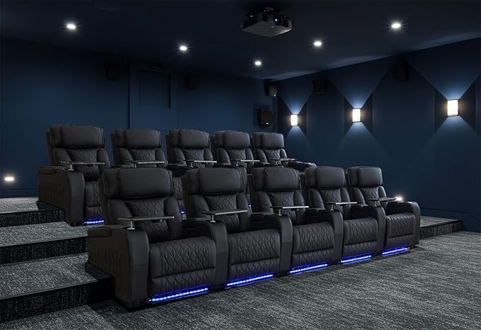 Home Theater Seating Top Grain Leather, Movie Theater Chairs Theater Recliner Sofa with Dual Power Ergonomic Design 7 Colors Ambient Lighting Tray Table Type-C USB Charge (Black, Row of 5)