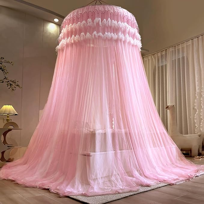 Kertnic Dreamy Bed Canopy for Girls, Princess Canopy Curtains Double Layer Sheer Mesh, Kids & Adults Canopies Netting Room Decor Tent Mosquito Net for Queen King Bed (Double Layer-Peach Pink)