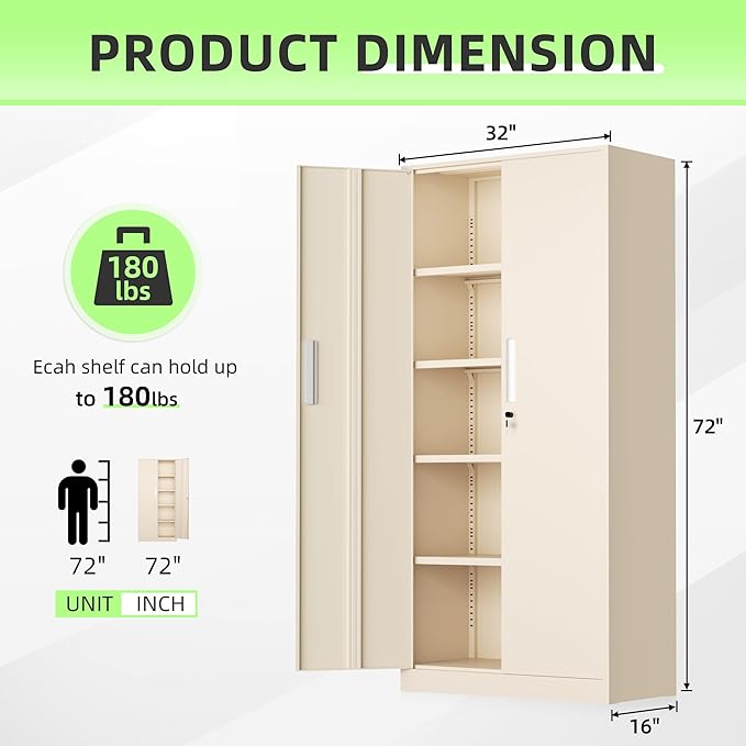 SUNCROWN 72" Metal Storage Cabinet - Heavy-Duty Metal Garage Cabinet with 4 Adjustable Shelves & 2 Doors for Tools, Office, Home, Workshop,Warm Grey-Small