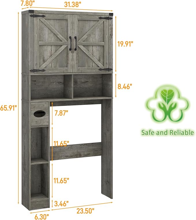 Over The Toilet Storage Cabinet, Farmhouse Storage Cabinet Over Toilet with Barn Doors & Toilet Paper Holder Stand，Home Space-Saving Toilet Rack, for Laundry, Bathroom, Restroom.Grey Oak
