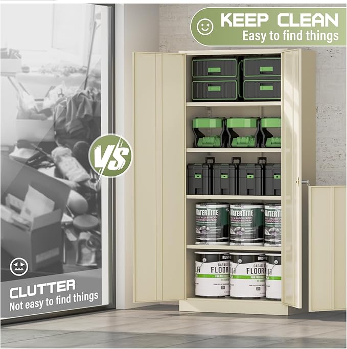 SUNCROWN 72" Metal Storage Cabinet - Heavy-Duty Metal Garage Cabinet with 4 Adjustable Shelves & 2 Doors for Tools, Office, Home, Workshop,Warm Grey