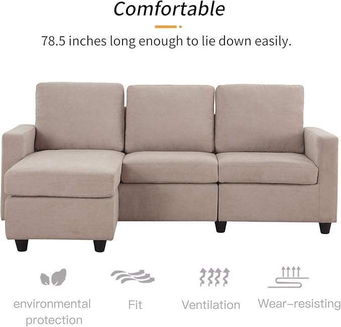 HONBAY L Shaped Couch with Linen Fabric,Convertible, Reversible Sectional Sofa for Small Space, Dark Beige