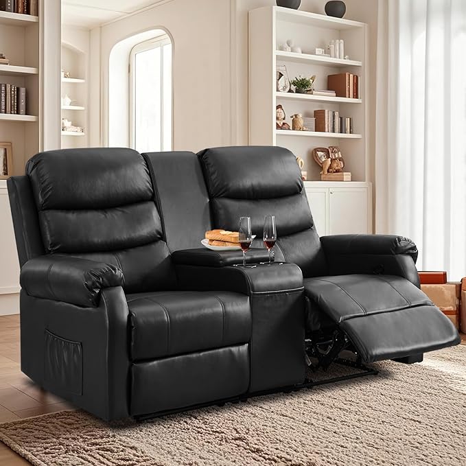 Loveseat Reclining Sofa, Home Theater Seating with Center Console, RV Recliner Sofa with Cup Holders and Pockets, Manual Double Seater Recliner for Living Room, Motor Home, Cinema(Black)