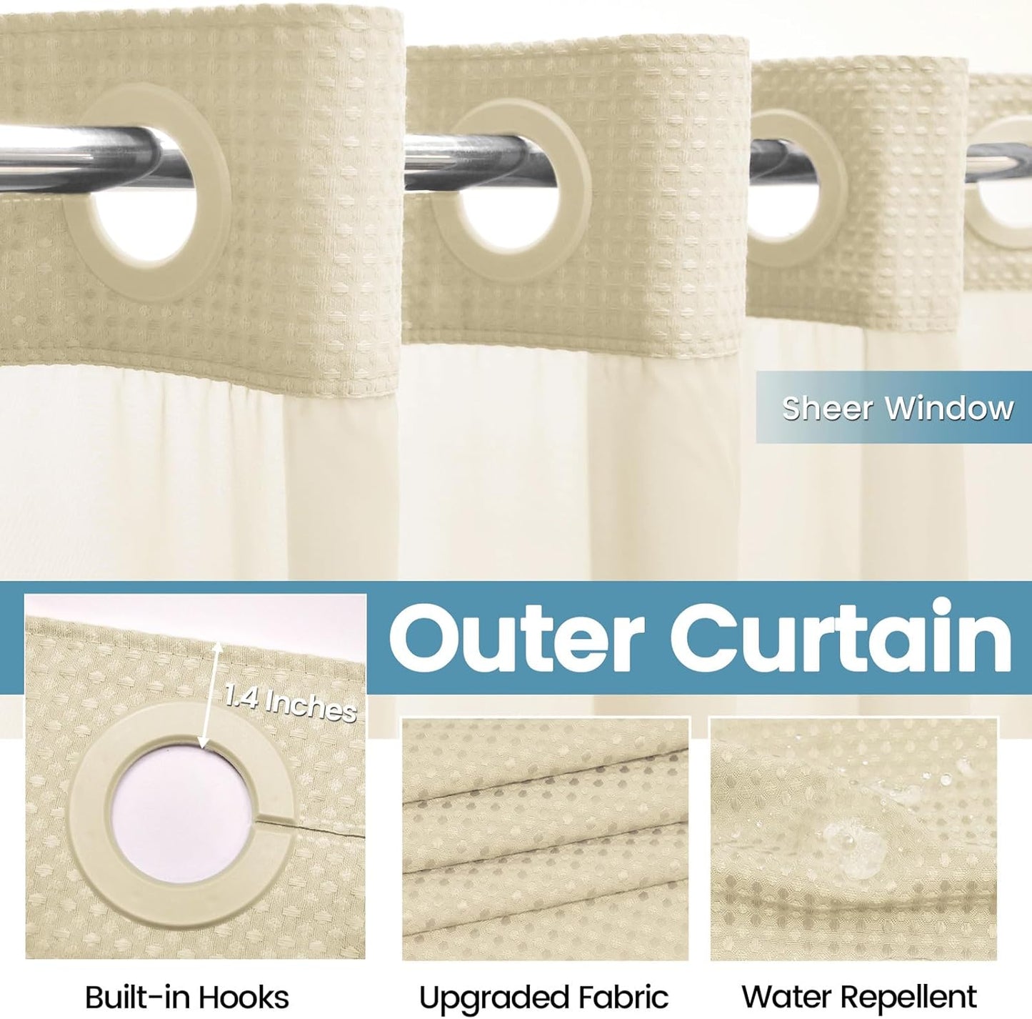 Ivory Hotel Shower Curtain with Detachable Liner - 230GSM Waffle Textured,Hotel Grade,Spa Like Bath Curtain,71W x 74H