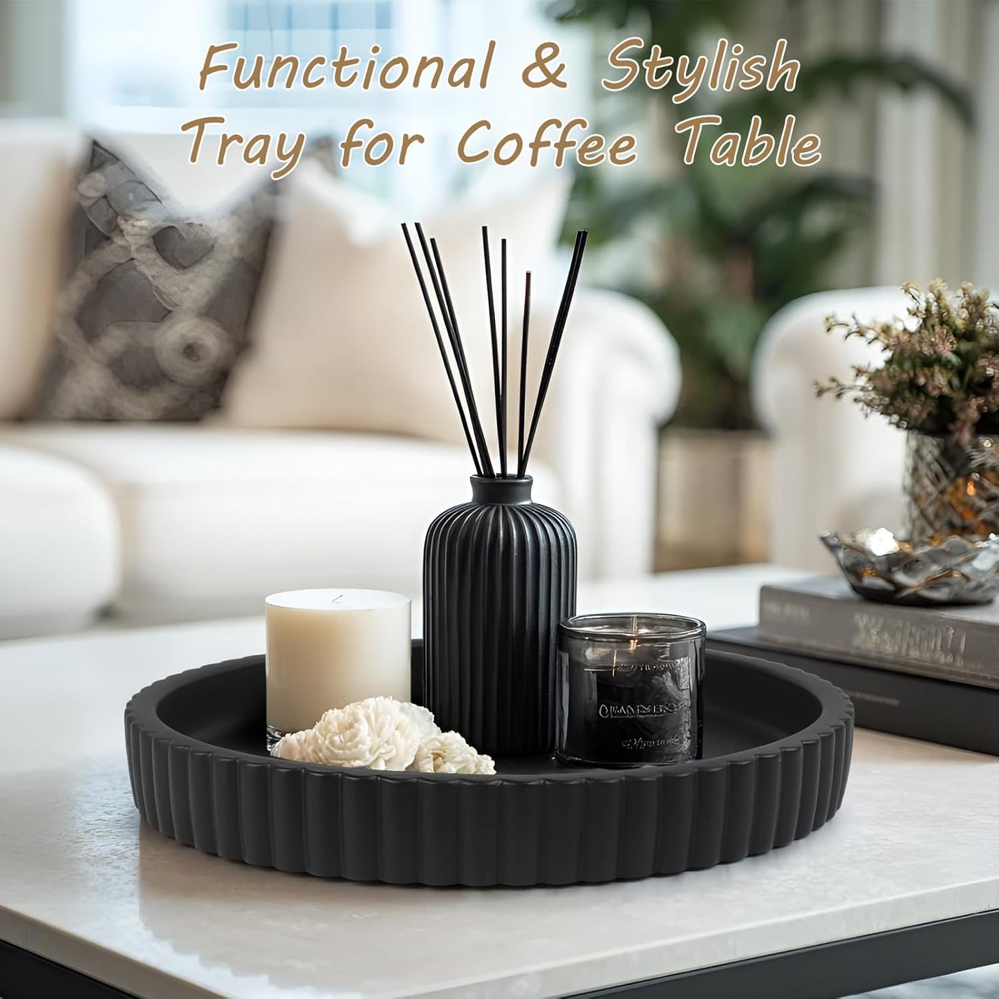 Round Decorative Tray for Coffee Table Decor-Modern Home Decor Tray-Concrete Coffee Table Serving Tray-Centerpiece Table Tray-Ottoman,Vanity, Bathroom, Kitchen,Dresser (Black)