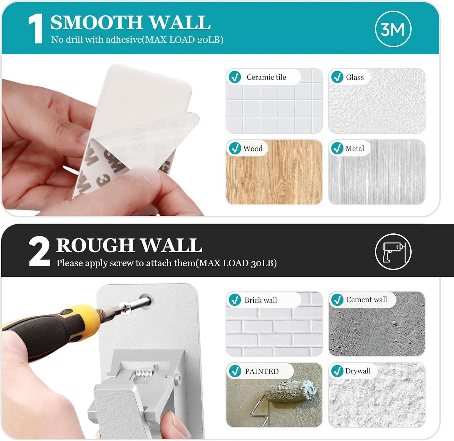 Adhesive No Drill Curtain Rod Brackets - Heavy Duty 30LB Holders for Bathroom Bedroom Kitchen, Universal Damage-Free Window Rod Hooks with Nail-Free Installation (8PC Silver)