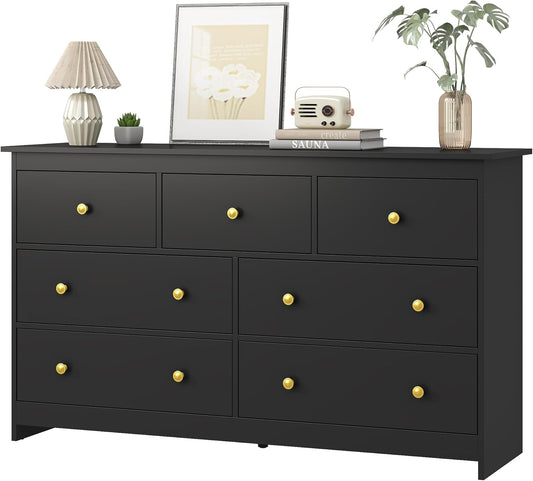 JOZZBY 7 Drawer Dresser for Bedroom, 55 Inch Black Wooden Large Dresser with Golden Handles, Modern Chests of Deep Drawers Organizer for Home Office, Hallway