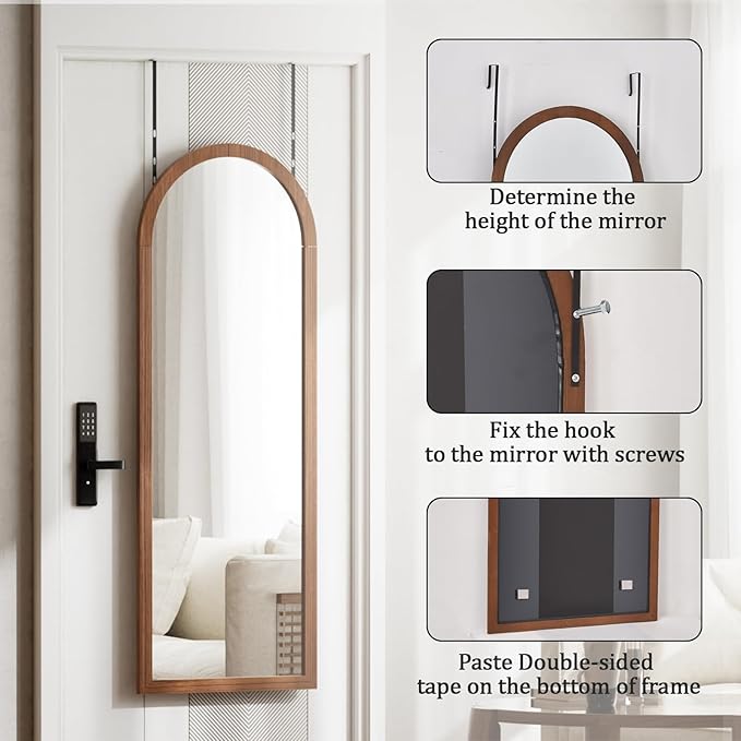 18"x48" Full Length Over The Door Mirror with Wood Frame Shatterproof Tempered Glass, Space-Saving Design, Adjustable Height Hooks