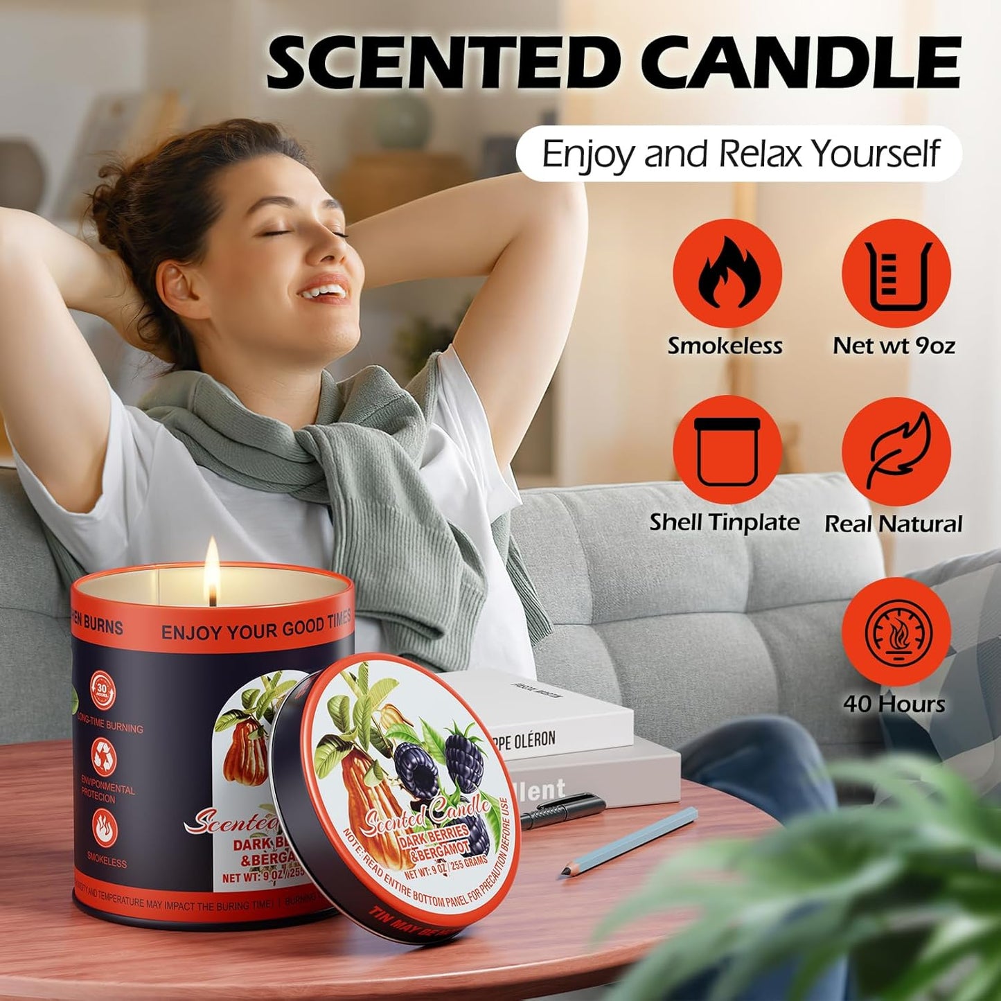 Premium Dark Berries & Bergamot Soy Wax Scented Candle Set - 9oz x 2 Pack, 80-Hour Burn Time, 8% Essential Oils for Aromatherapy Tin Jar Candle, Smoke-Free Relaxation,Yoga & Spa Gifts for Women/Men