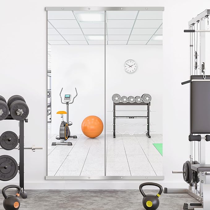 Home Gym Mirror for Wall, 70"x24"x2PCS Full Length Gym Mirror Frameless Wall-Mounted for Garage, Home Gym, Living Room, Bedroom(Silver)