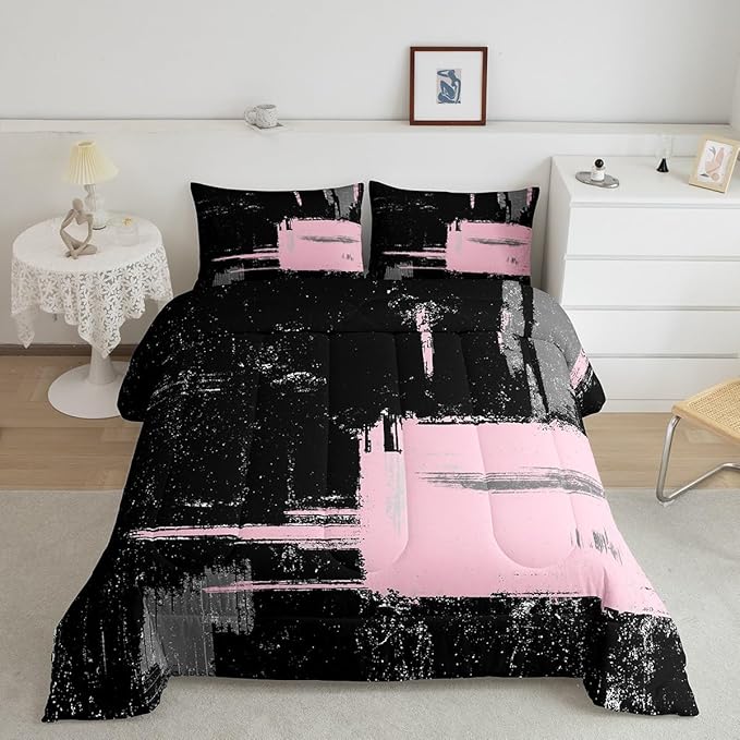 Pink Black Abstract Duvet Quilt Queen Size Geometric Bedding Set for Kids Boys Girls Decor Modern Art Comforter Set Breathable Soft Lightweight Microfiber Buffalo Check Bedroom Decor Bedclothes