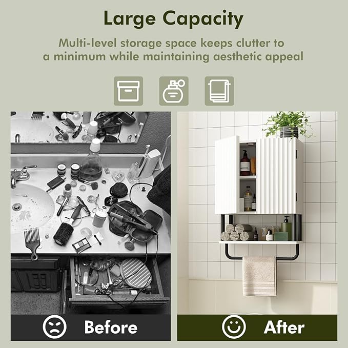 RUSTOWN Fluted Bathroom Wall Cabinet with 2 Doors, 3-Tier Modern Farmhouse Medicine Cabinet, Over The Toilet Storage Cabinet with Adjustable Shelf and Towel Bar(White, Small)