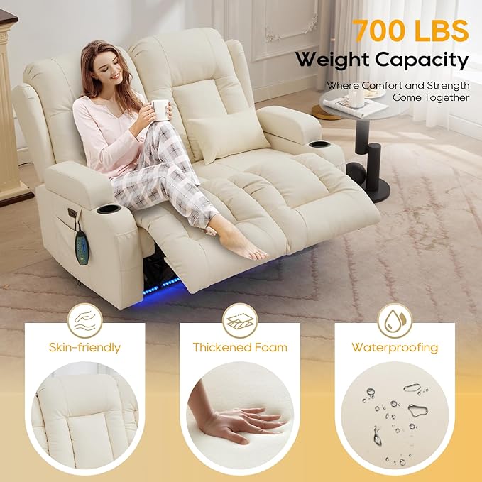 IPKIG 54" Power Loveseat Recliner Sofa, Electric Home Theater Seating with Massage Heat/4 Colors Ambient Lights/USB Port/Side Pocket/Cup Holder for Living Room, Bedroom, RV (Off-White, 2 Seater)