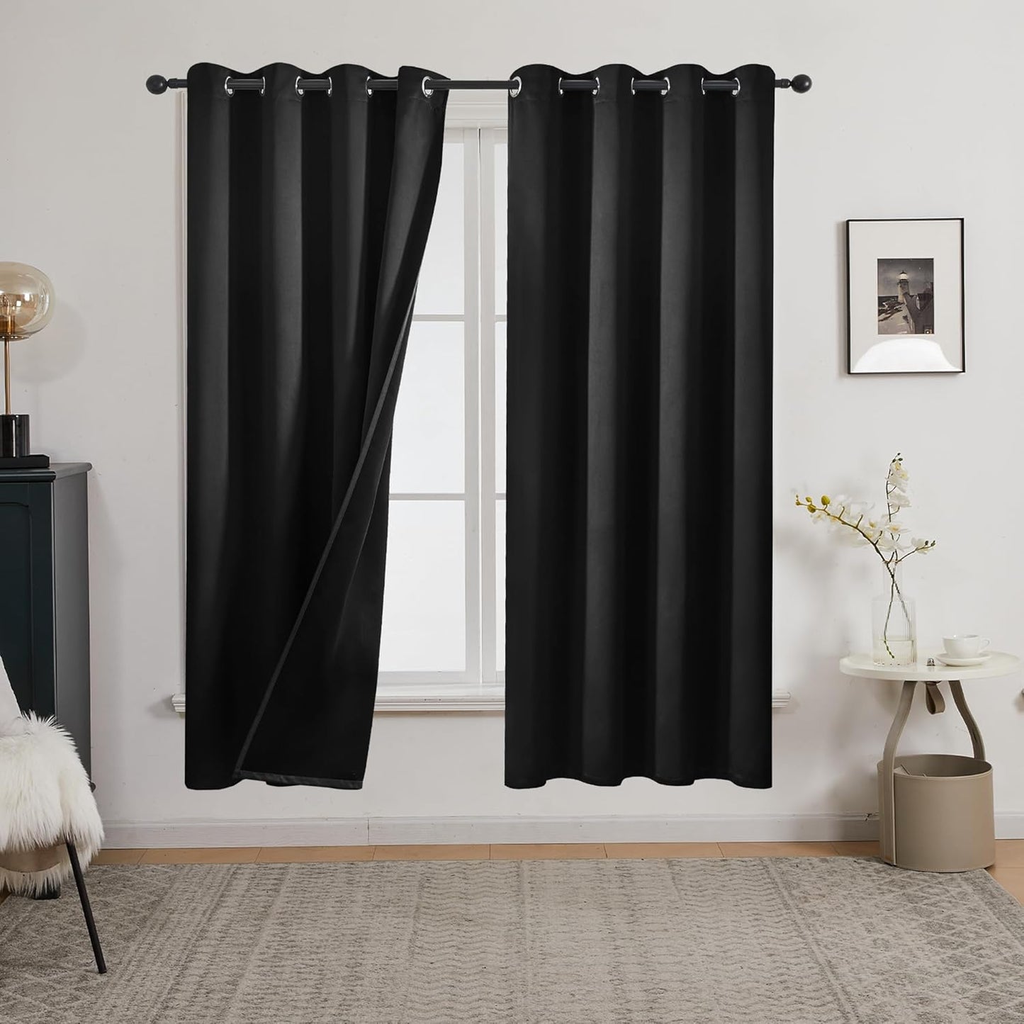Deconovo Blackout Curtains – Noise-Reducing & Energy-Saving Grommet Top Thermal Insulated Drapes, 2 Panels, Jet Black, 52W x 72L Inches – Light Blocking & Privacy for Bedroom & Living Room