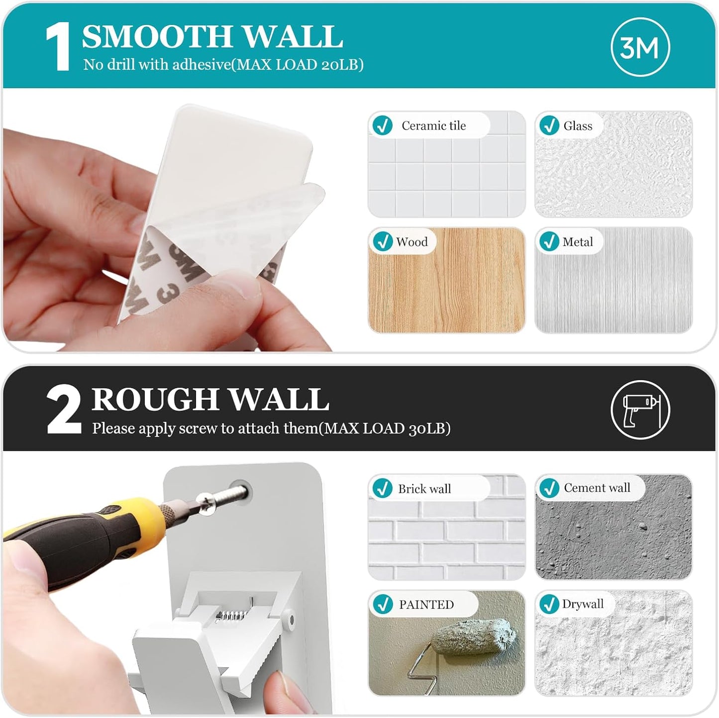 Adhesive No Drill Curtain Rod Brackets - Heavy Duty 30LB Holders for Bathroom Bedroom Kitchen, Universal Damage-Free Window Rod Hooks with Nail-Free Installation (8PC White)