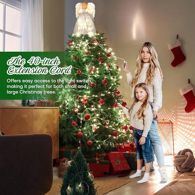 Angel Christmas Tree Topper with Light, Lighted Tree Toppers Christmas Decorations, Elegant and Durable, Perfect for Holiday Home Decor and Gifts, White, WOKEISE