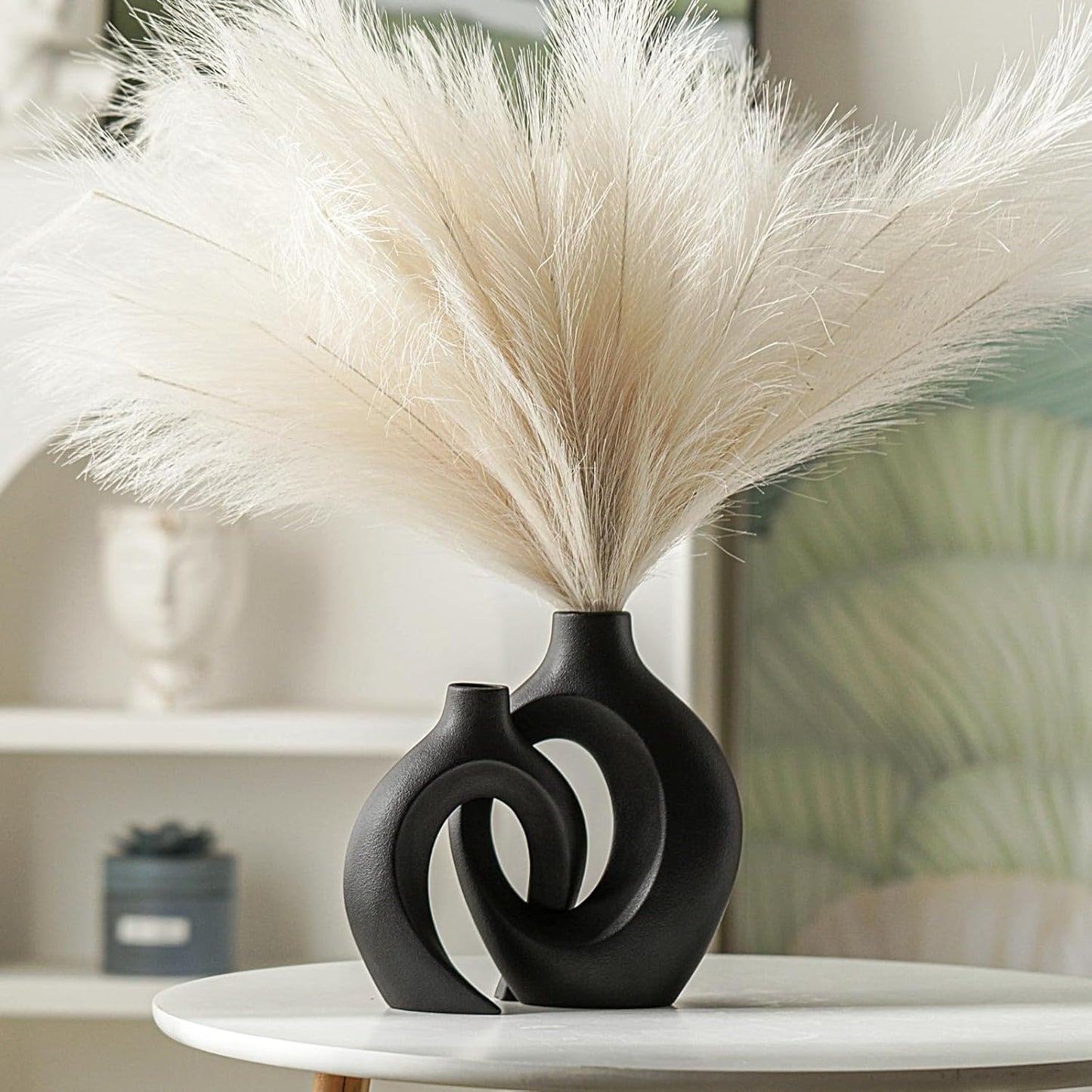 Snuggle Hollow Modern Ceramic Vase Set of 2, Mid Century Nordic Aesthetic Decorative Vase Decorative Vases for Home Table Decor (Matte Black W 6.3" X H 8.4")