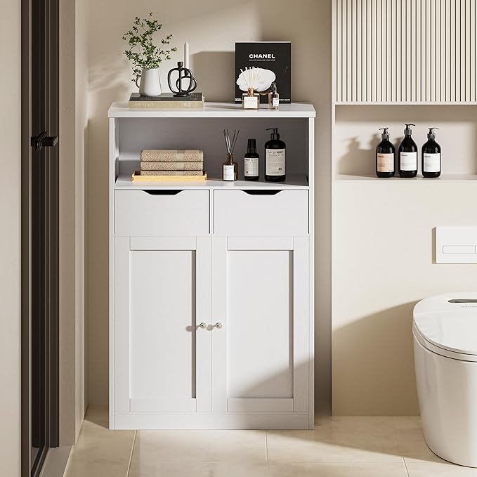 Vongrasig Bathroom Storage Cabinet, Freestanding Pantry Cabinet with 2 Drawers and Adjustable Shelves, Wooden Floor Storage Organizer for Bathroom, Living Room, Kitchen, Entryway, Farmhouse, White
