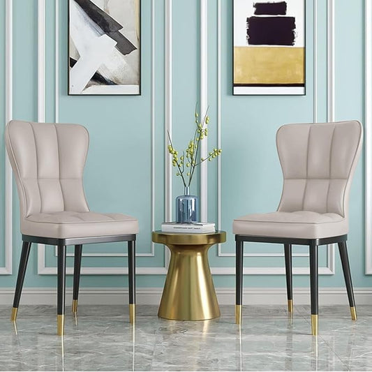 High-Back Faux Leather Dining Chairs Set of 2, Modern Sturdy Upholstered Accent Side Chair Deep Sponge Padded Seat with Metal Legs for Kitchen Dining Room Living Room Bedroom (Light Grey)