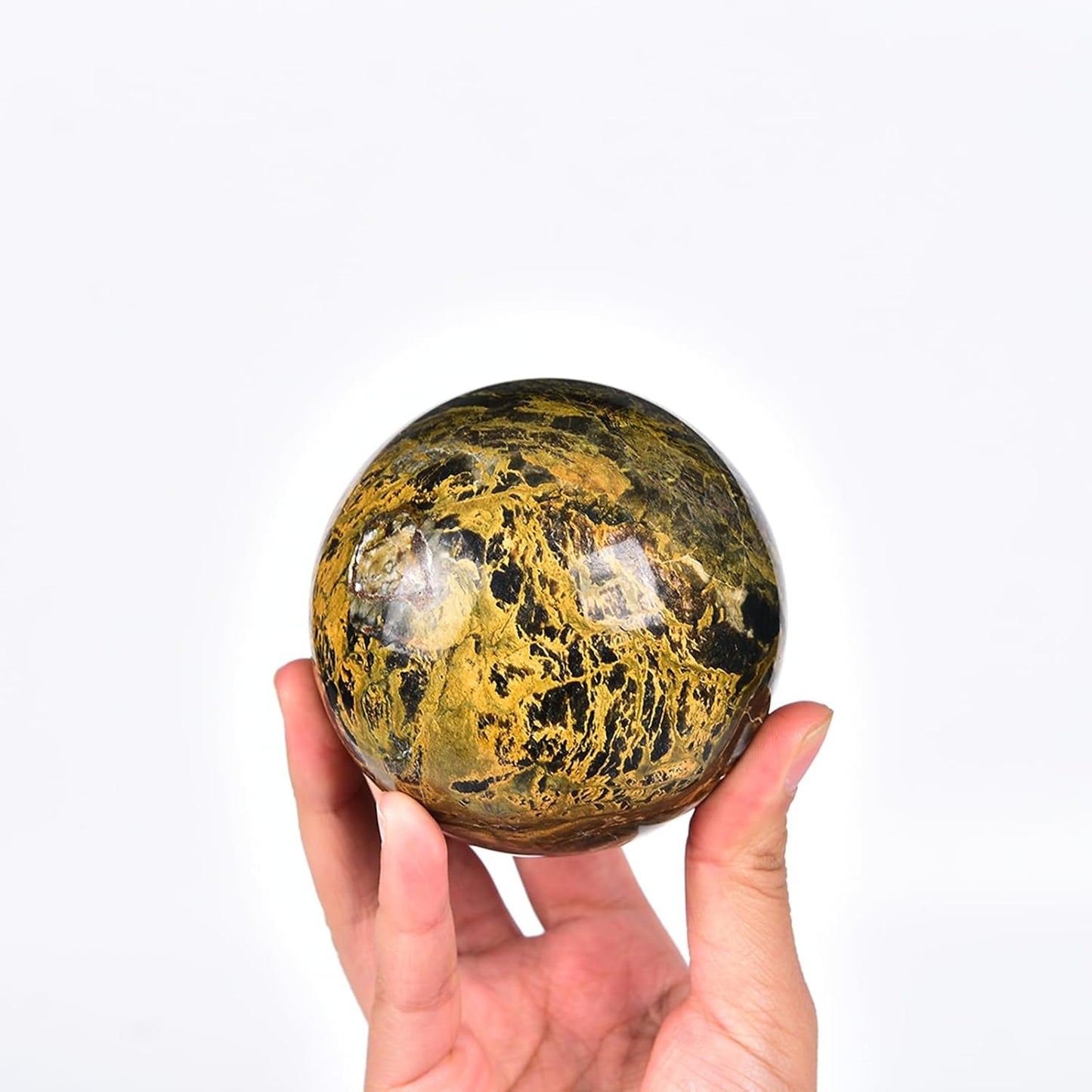 JIC Gem Pietersite Crystal Sphere with Wooden Stand,Decorative Crystal Ball Blues and Golden Browns Gemstone Sphere for Meditation,Feng Shui,Witch-Style Decor,Office Table Decorations 70-80mm