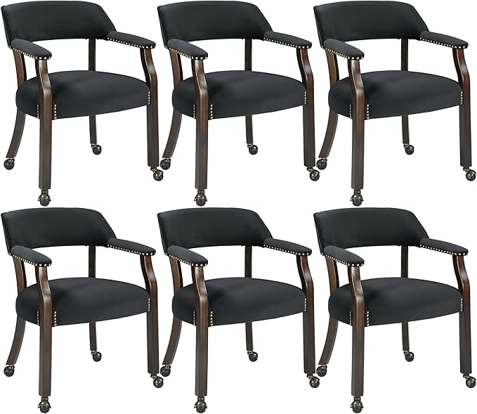 MODERION Dinning Chairs with Wheels and Arms Set of 6, Solid Wood Office Desk Chairs with Frosted Velvet Upholstered, Classic Swivel Accent Chairs,31.5" H Boss Caption's Chair, Black XXY-HT22-BK