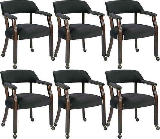 MODERION Dinning Chairs with Wheels and Arms Set of 6, Solid Wood Office Desk Chairs with Frosted Velvet Upholstered, Classic Swivel Accent Chairs,31.5" H Boss Caption's Chair, Black XXY-HT22-BK