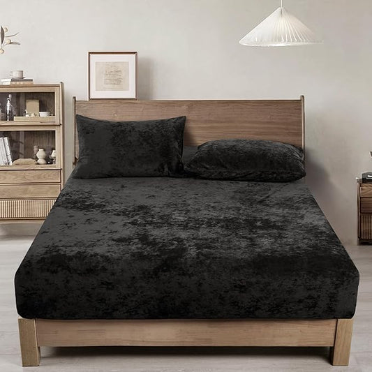 PHF Truly Velvet Fitted Sheet Only King Size, Luxury Super Soft Cozy Fuzzy Flannel Bottom Sheet, Deep Pocket Up to 16",Strenghth Elastic Band,Suitable for Fall Winter Spring, No Pillowcases, Black