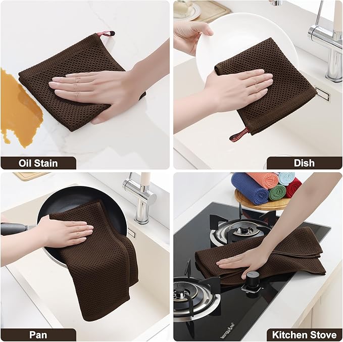 Homaxy 100% Cotton Kitchen Towels and Dishcloths Set, 12 x 12 Inches and 13 x 28 Inches, Set of 8 Bulk Kitchen Towels Set, Ultra Soft Absorbent Dish Cloths for Washing Dishes, Dark Brown