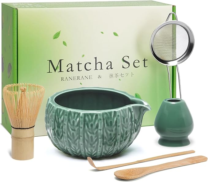 Matcha Whisk Set 6Pcs,Matcha Whisk (Chasen) and Holder,Matcha Bowl with Spout,Matcha Sifter and Matcha Spoon,Scoop for Matcha Maker Dark Green