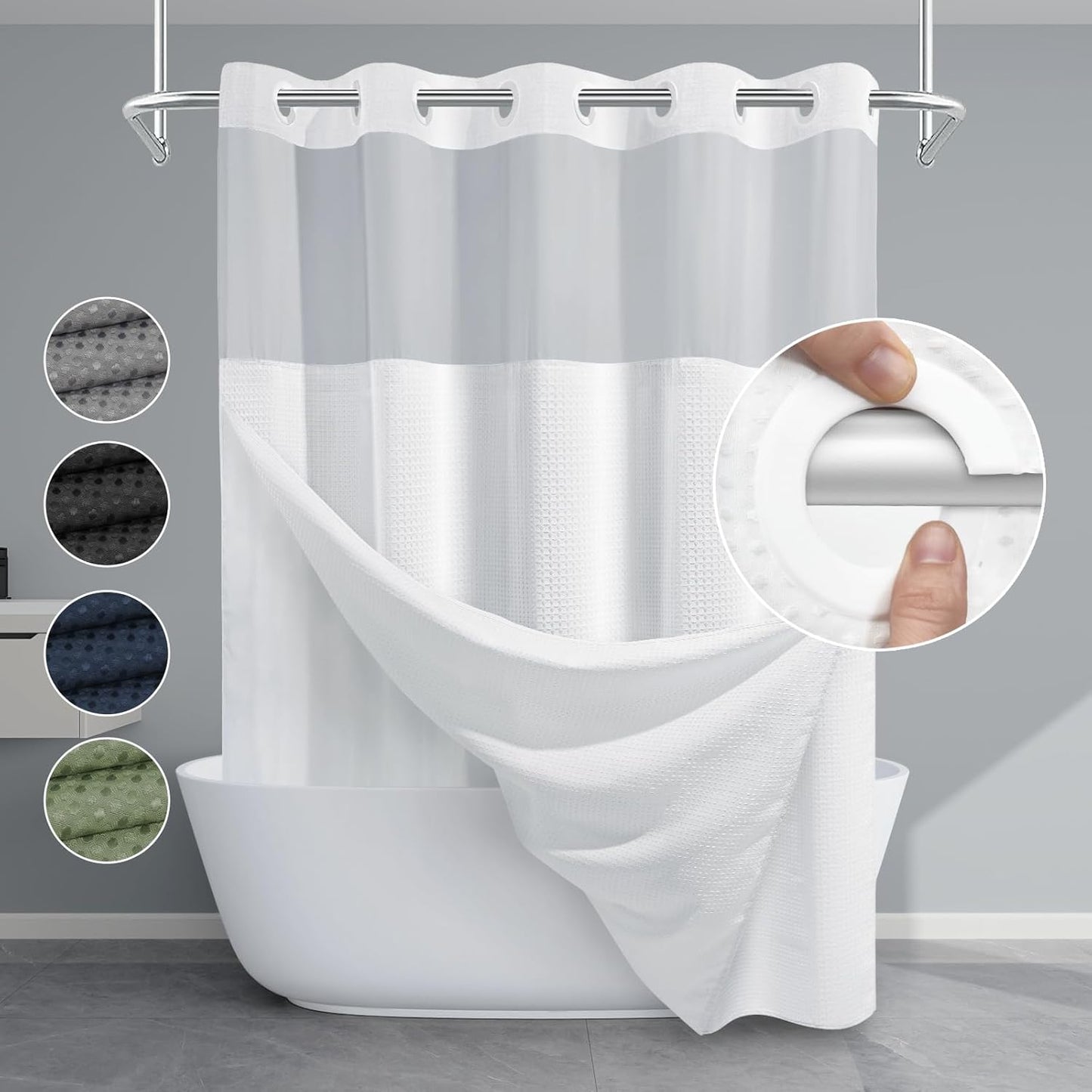 White No Hook Shower Curtain with Snap in Liner,230GSM Waffle Weave Shower Curtains for Bathroom,71W x 74H