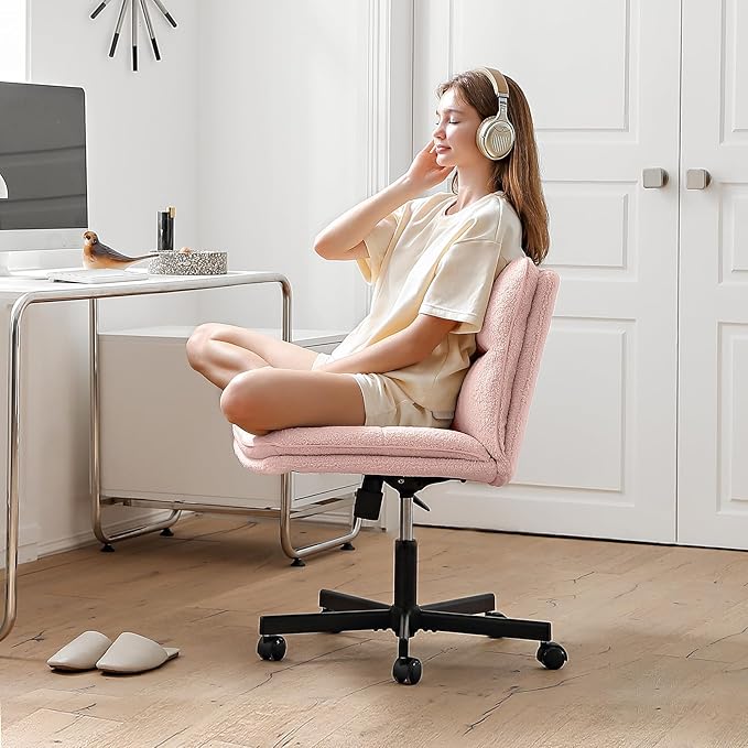 EMIAH Pink Criss Cross Armless Office Desk Chair with Wheels, Faux Fur, Comfy Mid-Back, Swivel, for Home Office